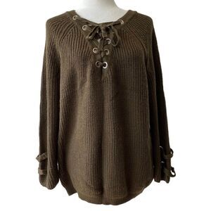 F4Y Womans Pullover Chunky Sweater Green Long Sleeve Drawstring SZ S/M